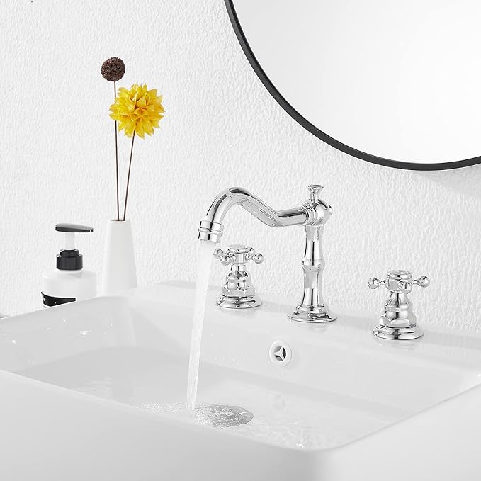 GGStudy Two Handles Three Holes Faucet 8-16 inch Widespread Bathroom Sink Faucet Chrome Basin Mixer Tap Matching Metal Pop Up Drain with Overflow
