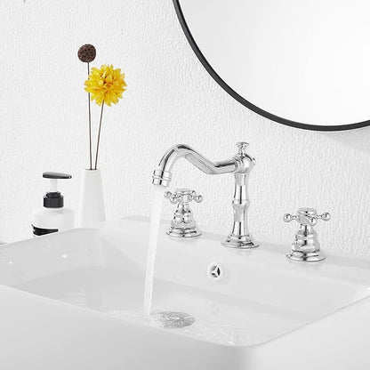 GGStudy Two Handles Three Holes Faucet 8-16 inch Widespread Bathroom Sink Faucet Chrome Basin Mixer Tap Matching Metal Pop Up Drain with Overflow