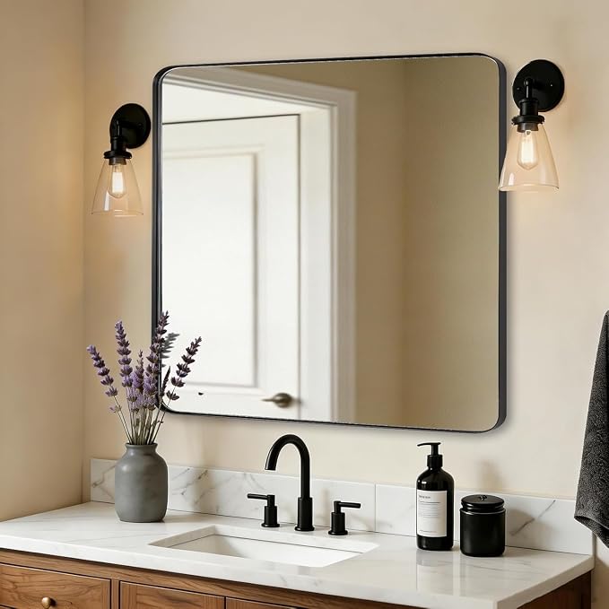 Square Wall Mirror for Bathroom, 24”x24” Matte Black Bathroom Mirror, Rounded Corner Metal Mirror in Premium Stainless Steel Frame Hangs Horizontal Or Vertical