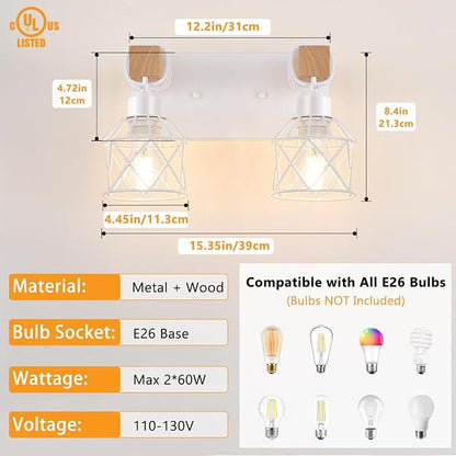 FadimiKoo 2-Light White Bathroom Light Fixtures, Wood Bathroom Vanity Lighting Fixtures Over Mirror, Rustic Sconces Wall Lighting with Elegant Metal Lampshade for Living Room, Bedroom, Hallway