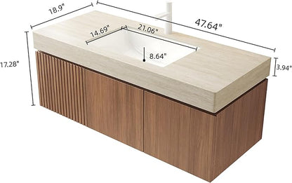 48 Inch Floating Bathroom Vanity with Sink, Wall-Mounted Bathroom Vanity with Drawer and 2 Doors, Roma Travertine-Pattern Countertop and Ceramic Basin, Pre-Assembled,Brown Oak