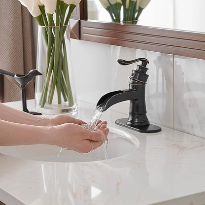 BWE Oil Rubbed Bronze Bathroom Sink Faucet with 1.2 GPM Flow Rate Waterfall Vanity Sink Faucet Single Handle Mixer Tap with Pop Up Drain Stopper Assembly Water Supply Hose