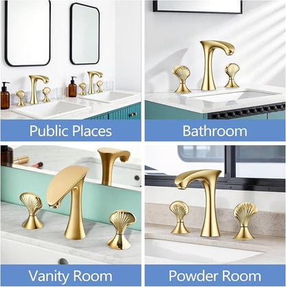 Gold Bathroom Faucet 3 Hole, 8 Inch Widespread Bathroom Sink Faucet for Vanity, 2 Handle Bathroom Faucets, Bathroom Vanity Faucet with Pop-Up Drain and Supply Hoses
