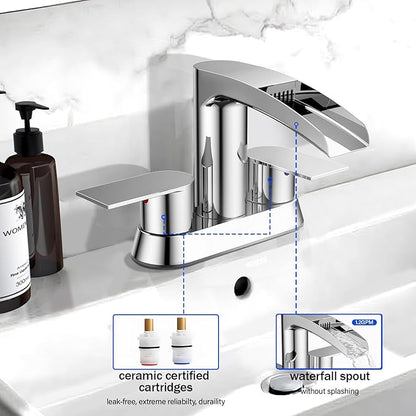 Bathroom Sink Faucet for 3 Hole, Hurran 4 Inch Bathroom Faucets with Pop-up Drain, Stainless Steel 2-Handle Waterfall Faucet for Bathroom Sink, Chrome