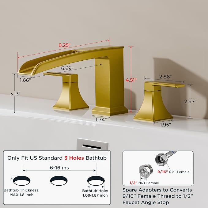FORIOUS Roman Bathtub Faucet 3 Hole Deck Mount with 2 Handle Brushed Gold | Tub Faucet for 3-Hole Set, 6-12" Centered Distance, Widespread Garden Bath Tub, Waterfall Spout, High Flow, Brass