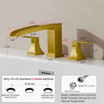 FORIOUS Roman Bathtub Faucet 3 Hole Deck Mount with 2 Handle Brushed Gold | Tub Faucet for 3-Hole Set, 6-12" Centered Distance, Widespread Garden Bath Tub, Waterfall Spout, High Flow, Brass