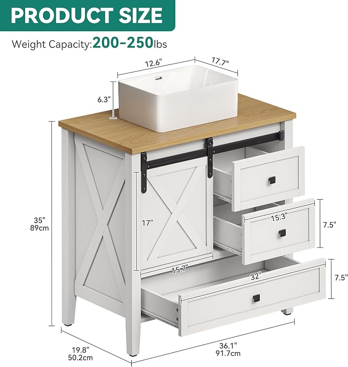 YITAHOME 36 Inch Bathroom Vanity with Ceramic Sink Basin | Sliding-Door Cabinet & 3 Drawers, Farmhouse Vanity for Bathroom