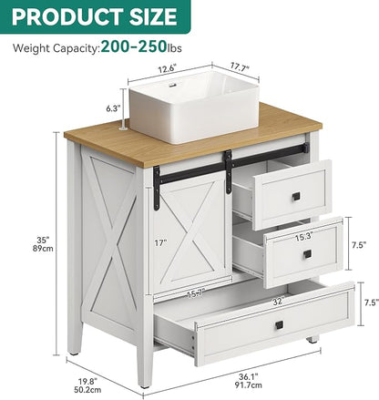 YITAHOME 36 Inch Bathroom Vanity with Ceramic Sink Basin | Sliding-Door Cabinet & 3 Drawers, Farmhouse Vanity for Bathroom