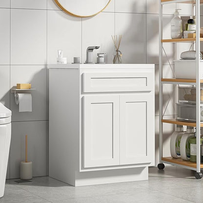 Vanity Art 24 Inch Double Shutter Door Bathroom Vanity Base Cabinet with Soft Closing Shaker Drawer, Strudy Floor Mount Storage Cabinet Organizer for Bedroom, Living Room, Kitchen, VA4024-W