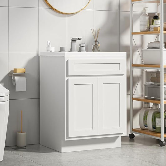 Vanity Art 24 Inch Double Shutter Door Bathroom Vanity Base Cabinet with Soft Closing Shaker Drawer, Strudy Floor Mount Storage Cabinet Organizer for Bedroom, Living Room, Kitchen, VA4024-W