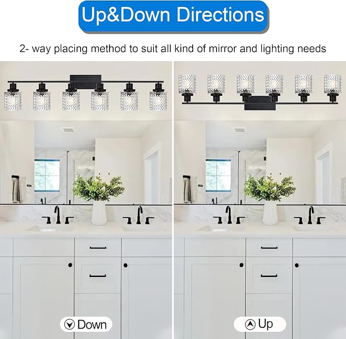 MELUCEE 6 Lights Bathroom Lighting Fixtures Over Mirror Black | Vanity Light with Hammered Glass Shade Indoor Wall Mounted Lamp for Bathroom Bedroom Kitchen