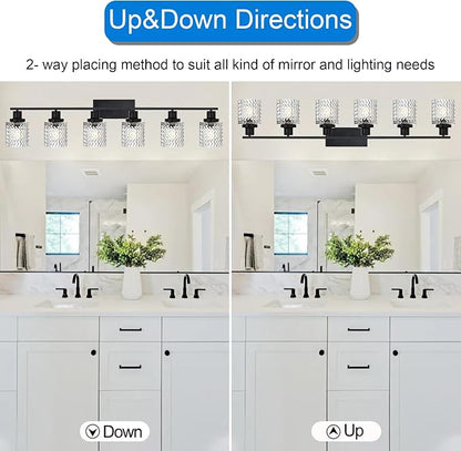 MELUCEE 6 Lights Bathroom Lighting Fixtures Over Mirror Black | Vanity Light with Hammered Glass Shade Indoor Wall Mounted Lamp for Bathroom Bedroom Kitchen