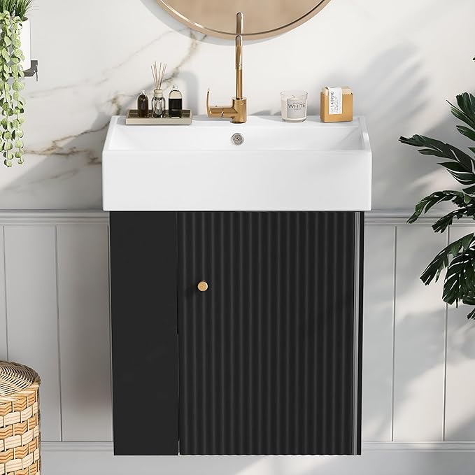 Harper & Bright Designs 21.6" Bathroom Vanity with Sink, Wall-Mounted Single Basin Vanity Set with Cabinet & Two-Tier Left Side Storage Shelf, Storage Cabinet with Ceramic Basin for Bathroom, Black