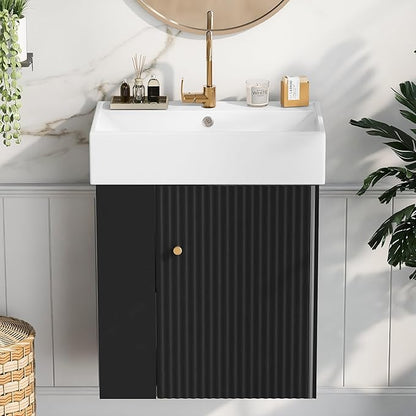 Harper & Bright Designs 21.6" Bathroom Vanity with Sink, Wall-Mounted Single Basin Vanity Set with Cabinet & Two-Tier Left Side Storage Shelf, Storage Cabinet with Ceramic Basin for Bathroom, Black