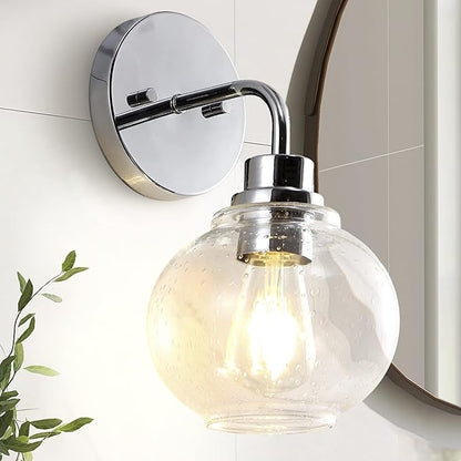 JONATHAN Y 6.5" Chrome 1-Light Farmhouse LED Vanity Light Wall Sconce for Bathroom, Clear Seeded Glass Shade, Industrial Iron Indoor Fixture, LED Bulb Included (JYL7526B)