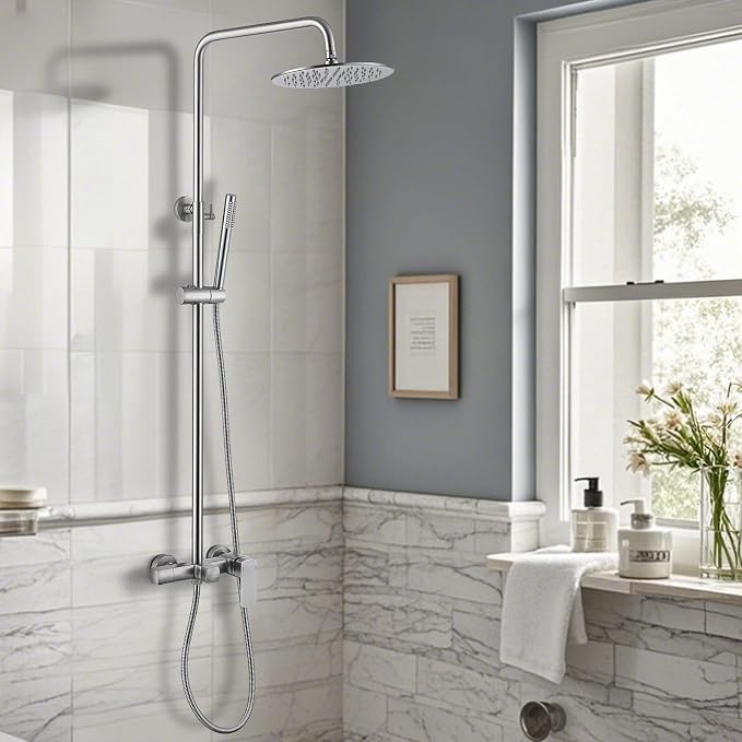 RBROHANT Exposed Shower System with Tub Spout, Brushed Nickel Exposed Pipe Shower Faucet with 3 Functions Brass Shower Valve, Shower Height Adjustable, Wall Mounted