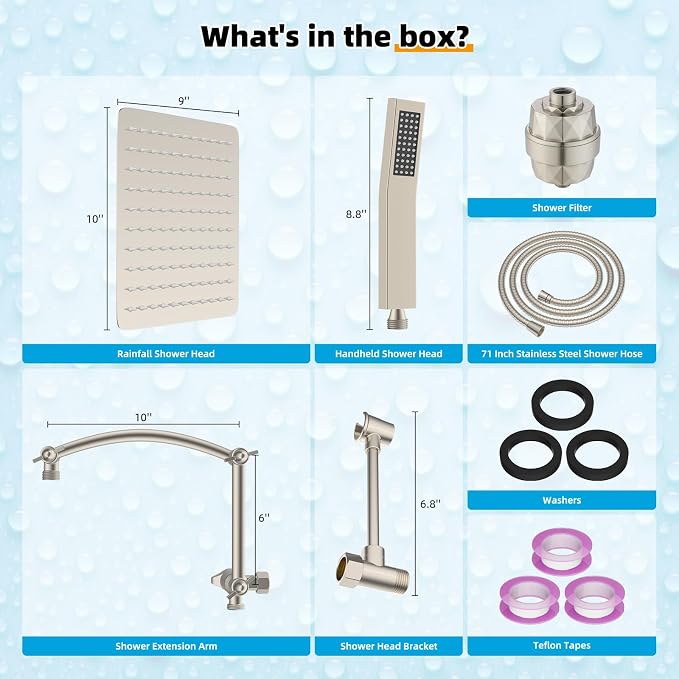 Hibbent Metal 10'' Filtered Rainfall Shower Head with Handheld Combo, High Pressure Shower Wand, 16'' Adjustable Arc Extension Arm, 20 Stage Shower Filter, 71'' Hose, Shower Holder, Brushed Nickel