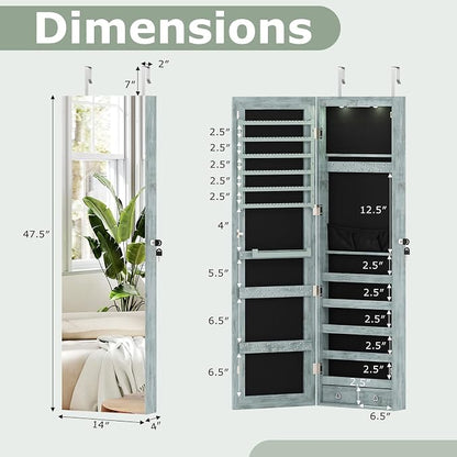 LDAILY Moccha Wall Door Jewelry Armoire, 47.5" H Full Length Mirrored Jewelry Cabinet with 2 LED Lights and 2 Drawers, Lockable Jewelry Cabinet, Jewelry Organizer Storage for Bedroom (Weathered Blue)