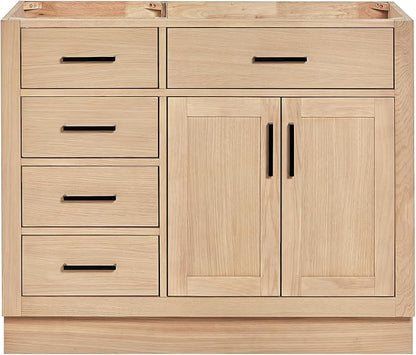 ARIEL Hepburn 42-inch Bathroom Vanity Base Cabinet,Solid Wood, 2 Soft Closing Doors, 5 Dovetail Drawers, White Oak