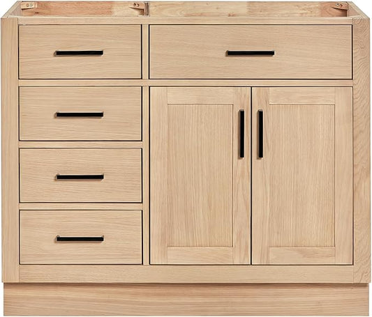 ARIEL Hepburn 42-inch Bathroom Vanity Base Cabinet,Solid Wood, 2 Soft Closing Doors, 5 Dovetail Drawers, White Oak