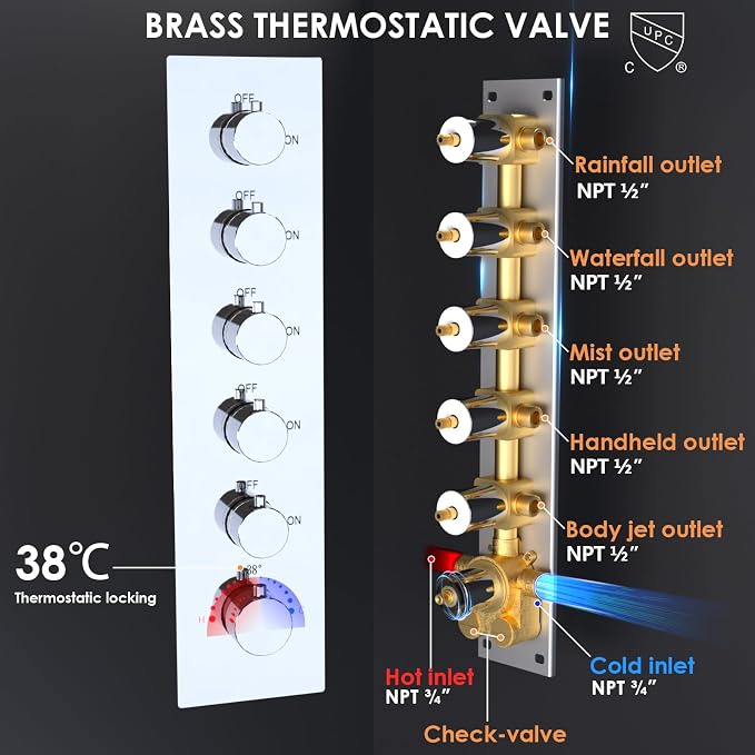 Enga 20 Inch Rain Shower System, LED Atomizing Rainfall Waterfall Large Horizontal Square Ceiling Shower Head with Remote Control Thermostatic Shower Faucet Set Flow Can Be Controlled, Chrome