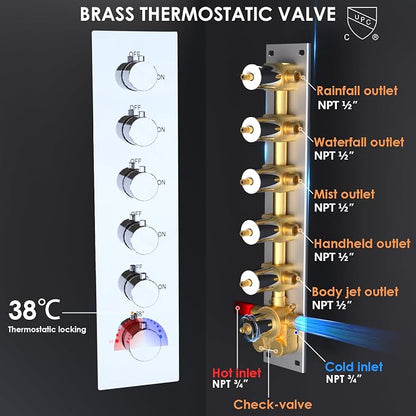 Enga 20 Inch Rain Shower System, LED Atomizing Rainfall Waterfall Large Horizontal Square Ceiling Shower Head with Remote Control Thermostatic Shower Faucet Set Flow Can Be Controlled, Chrome