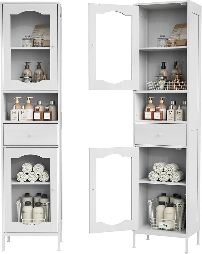 66.4" Tall Bathroom Storage Cabinet with Adjustable Shelves and Glass Doors, Anti-Tipping Narrow Cabinet, Linen Cabinet for Bathroom, Kitchen, Living Room, Cloud White