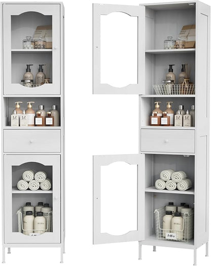 66.4" Tall Bathroom Storage Cabinet with Adjustable Shelves and Glass Doors, Anti-Tipping Narrow Cabinet, Linen Cabinet for Bathroom, Kitchen, Living Room, Cloud White