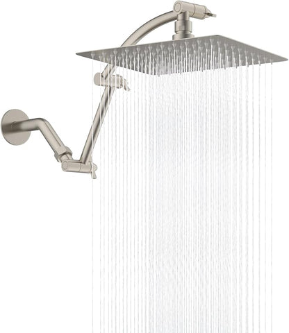 Hibbent All Metal 10'' Rain Shower Head, 16'' Extension Arm, Brushed Nickel | cUPC Certified High Pressure Rainfall Showerhead with Solid Brass Adjustable Shower Head Extension Arm, Fixed Showerheads