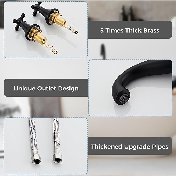Vintage Widespread Bathroom Faucet, 3-Hole Sink Faucet with Drain Assembly, Solid Brass, Drip-Free Ceramic Cartridge, Adjustable 8-16 Inch Installation Matt Black