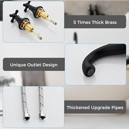 Vintage Widespread Bathroom Faucet - 2 Handle 3-Hole Sink Faucet Set in Solid Brass, Drip-Free Ceramic Disc Cartridge, Adjustable 8 to 16 Inch Installation, Matt Black