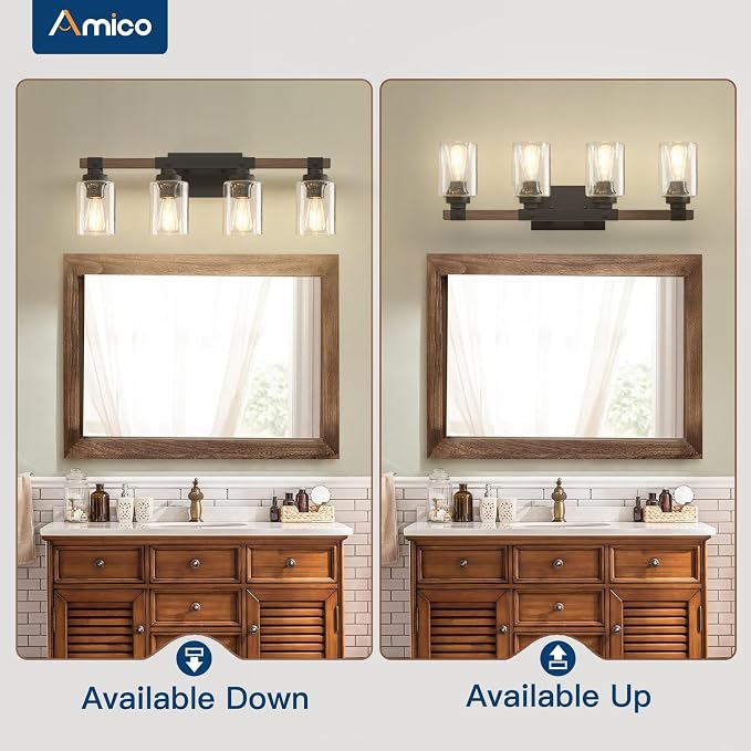 Amico 4-Light Farmhouse Bathroom Vanity Light, Seeded Glass, Black & Wood | Bubble Glass Shade Wall Sconce, Over Mirror Lighting for Bathroom, Bedroom, Living Room, Hallway, Powder Room, Entryway