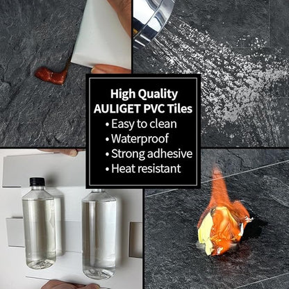 AULIGET 2-Piece Black Slate Peel and Stick Backsplash Wall Tiles, 6" x 12" PVC Faux Stone Stick on Tiles for Backsplash Kitchen, Bathroom, Laundry Room, Camper, Fireplace