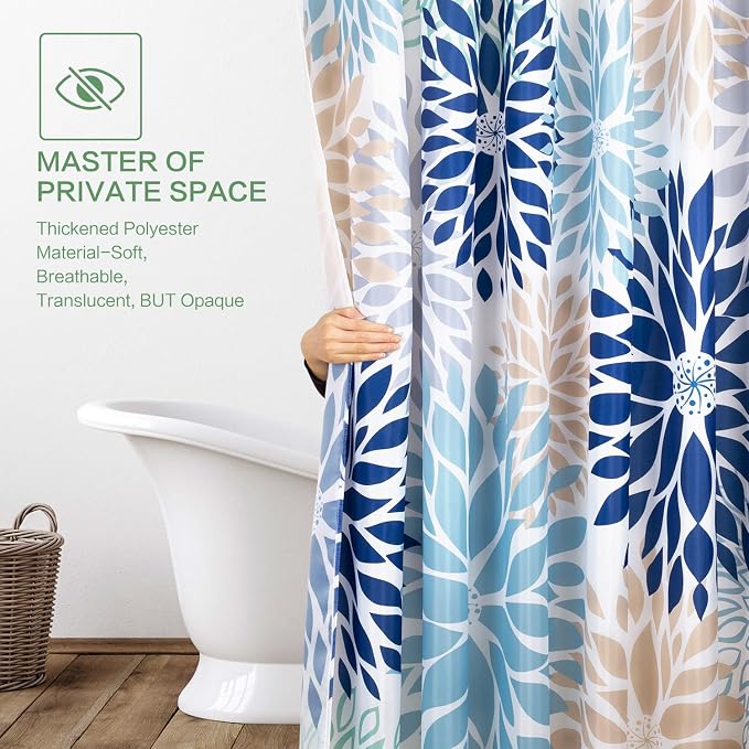 Shower Curtain Dahlia, Floral Shower Curtain Teal Blue Flowers Shower Curtains with Hooks for Bathroom Waterproof Polyester Fabric Machine Washable Home Farmhouse Decor Bath Curtains 72 X 72 Inches