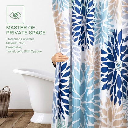 Shower Curtain Dahlia, Floral Shower Curtain Teal Blue Flowers Shower Curtains with Hooks for Bathroom Waterproof Polyester Fabric Machine Washable Home Farmhouse Decor Bath Curtains 72 X 72 Inches