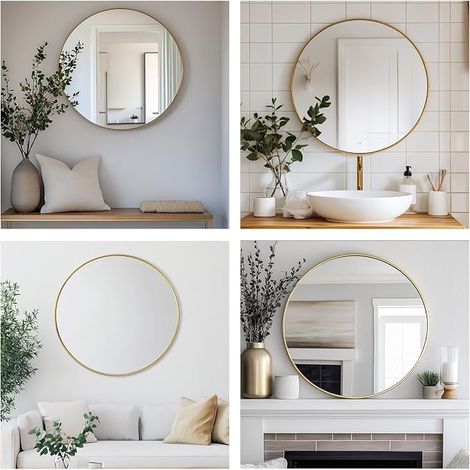 Small Round Mirror, 16 inch Gold Circle Mirror, Gold Metal Frame | High Definition, Waterproof, Rust-resistant, Circular Wall Mirrors for Bathroom, Bedroom, Vanity, Nursery, Kids, Wall Décor