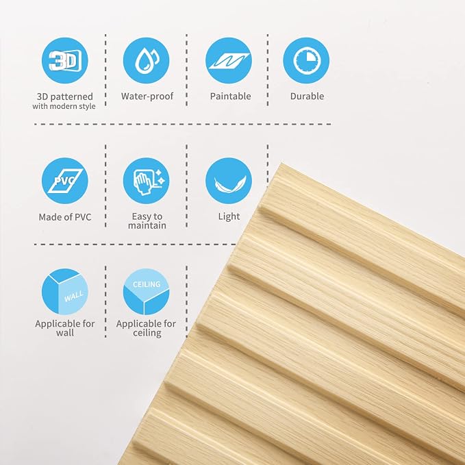 Art3d 3D Fluted Textured Slat Wall Panels, 19.7 x 19.7 in, 12-Pack, Oak | PVC, Waterproof, Scratch Proof, Wipeable, Break-Proof, Ideal for Home, Office and Commercial Spaces