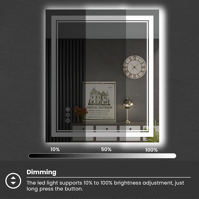 24x28 Inch LED Bathroom Mirror with Lights | Front and Backlit, 3 Colors, Dimmable, Memory, Anti Fog, Shatterproof, Horizontal/Vertical, Lighted Mirrors for Bathroom Wall