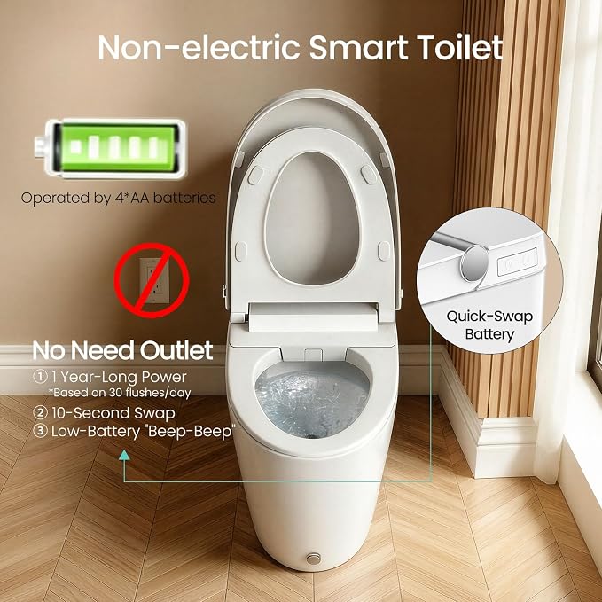 R&T W5203-2 Tankless Smart Toilet Touchless Auto Flush 1.1/1.6 GPF Dual Flush, Battery-Operated One-Piece Intelligent Toilet for Bathroom, Foot Kick & Manual, Non-Electric Bidet