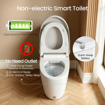 R&T W5203-2 Tankless Smart Toilet Touchless Auto Flush 1.1/1.6 GPF Dual Flush, Battery-Operated One-Piece Intelligent Toilet for Bathroom, Foot Kick & Manual, Non-Electric Bidet