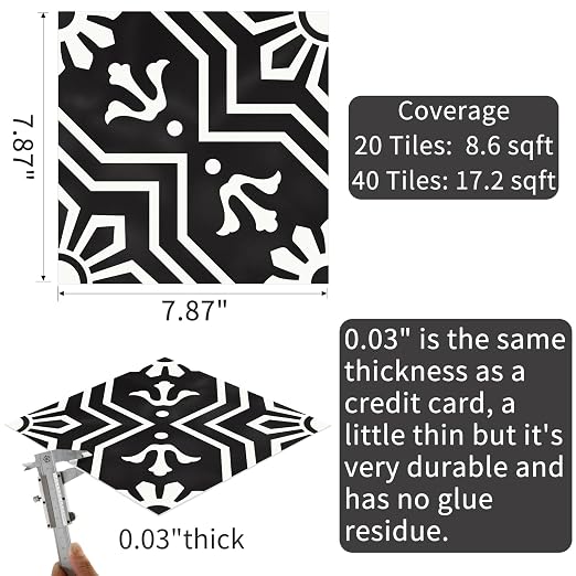 MORCART 20Pcs Peel and Stick Floor Tile, 7.87"x 7.87" Vinyl Flooring, Removable DIY Self Adhesive Flooring for Bathroom Kitchen Fireplace Stairs Bedrooms Wall Pantry Room Waterproof Black