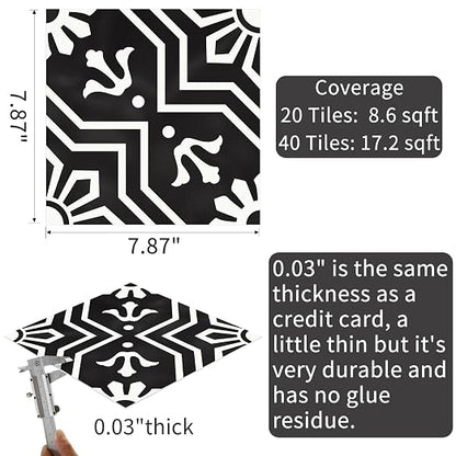 MORCART 20Pcs Peel and Stick Floor Tile, 7.87"x 7.87" Vinyl Flooring, Removable DIY Self Adhesive Flooring for Bathroom Kitchen Fireplace Stairs Bedrooms Wall Pantry Room Waterproof Black