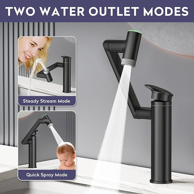 HOWUWEY 1080° Rotatable Single Hole Bathroom Vanity Faucet with Temperature Display, Height Adjustable Single Lever Bathroom Sink Faucet 1 Hole, LED Basin Faucet with Color Change (Black)