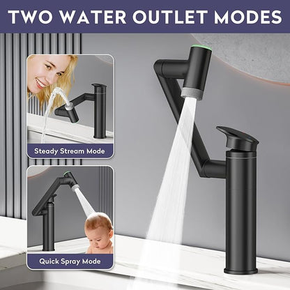 HOWUWEY 1080° Rotatable Single Hole Bathroom Vanity Faucet with Temperature Display, Height Adjustable Single Lever Bathroom Sink Faucet 1 Hole, LED Basin Faucet with Color Change (Black)