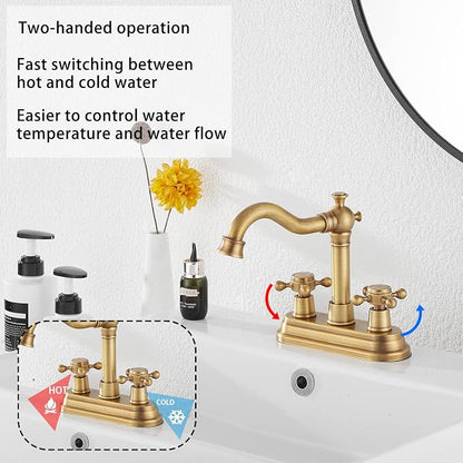 Bathroom Faucet Antique Brass GGStudy 2 Handles 4 Inches Centerset Bathroom Vanity with Drain Assembly and Supply Hose Lavatory Faucet Mixer Double Handle Tap