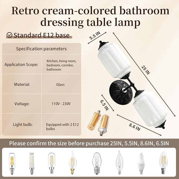 Vintage Milk Glass Bathroom Vanity Light, 2-Light Wall Sconce with Black Antique Base & E12 Bulbs Included, Adjustable 3-Color Temperature for Bedroom, Living Room, Kitchen