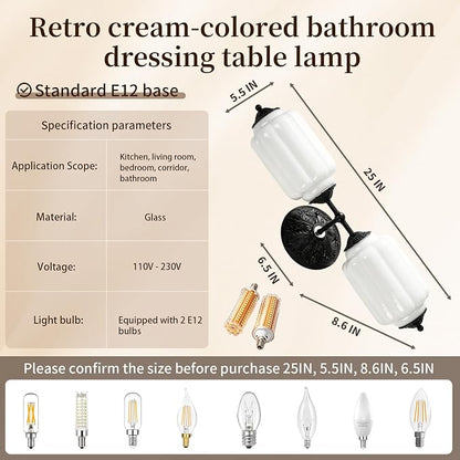 Vintage Milk Glass Bathroom Vanity Light, 2-Light Wall Sconce with Black Antique Base & E12 Bulbs Included, Adjustable 3-Color Temperature for Bedroom, Living Room, Kitchen