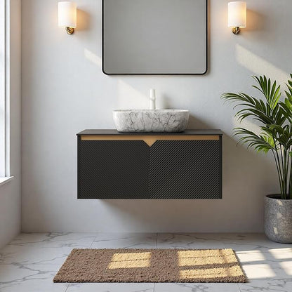Floating Bathroom Vanity with Sink, 36" Bathroom Storage Cabinet with Sintered Stone Countertop & Marble-Pattern Ceramic Basin, Wall-Mounted Vanity with 2 Twill Pattern Doors, Black