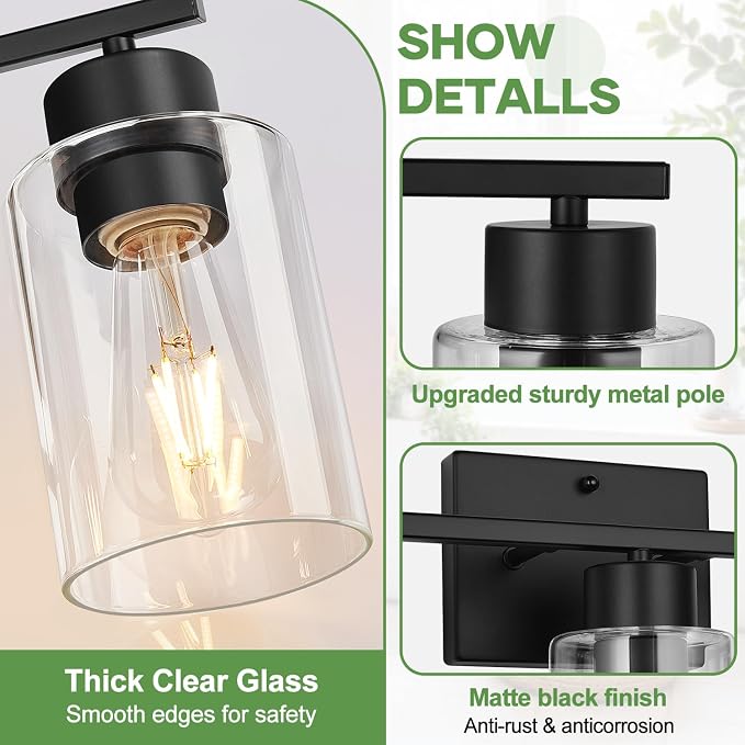 3-Light Bathroom Light Fixtures, Modern Black Vanity Light with Clear Glass Shades for Bathroom Vanity Lighting