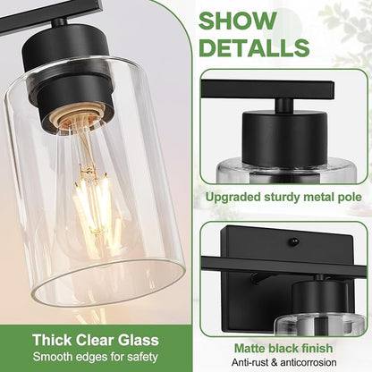 3-Light Bathroom Light Fixtures, Modern Black Vanity Light with Clear Glass Shades for Bathroom Vanity Lighting